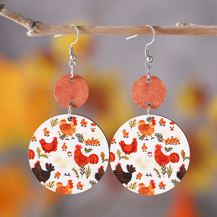 Wholesale Cute Chicken Lover Earrings Farm Animal Earrings Personalized Double-Sided Wooden Round Earrings