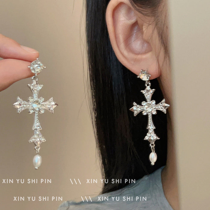 Wholesale Cross shiny zircon earrings, niche retro temperament, pearl pendant earrings, studs earrings