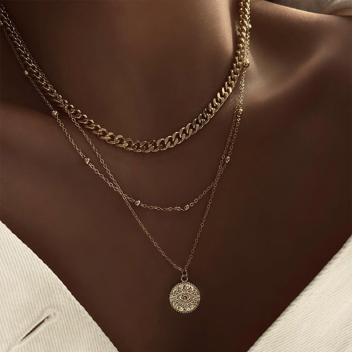 Wholesale Fashion Devil's Eye circular pendant necklace with 3 layers of thick chain, coins inlaid with diamonds, collarbone chain