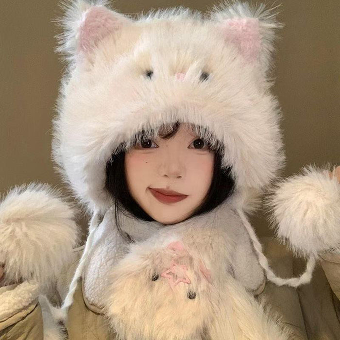 Wholesale Cute Hairpin Cat Fluffy Hat Women's Autumn and Winter Thickened Warm Cold-proof Ear Protectors Hat Neck Protectors