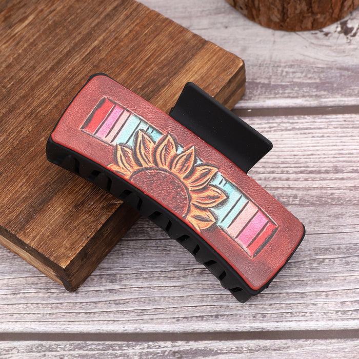 Wholesale Cross-border Western Wind Denim Wind Sunflower Leather Hairpin Women' s Shark Clip Grab Clip Amazon AliExpress