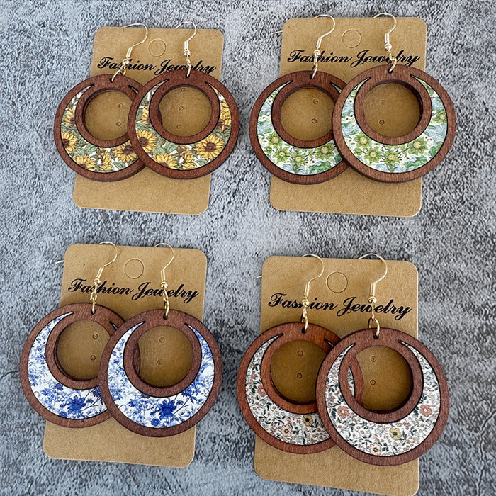 Wholesale Flower Wooden Earrings Sunflower Double Ring Inlaid Earrings Mother Gift