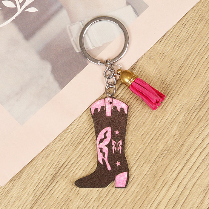 Wholesale Keychain Retro Western Distressed Cowboy Boots Cactus Cowboy Butterfly Pink Tassel