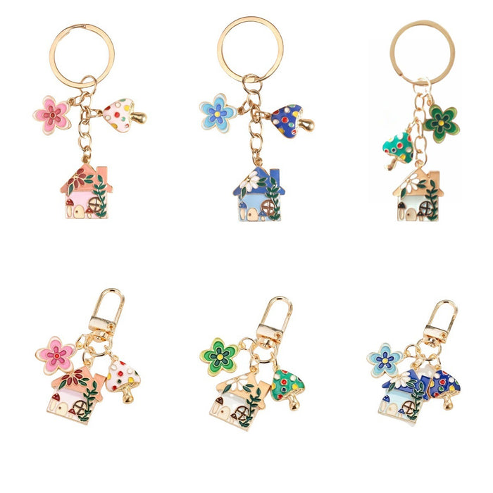 Wholesale Mushroom House Flower Pendant Keychain Bag Pendant Oil Dropping Alloy