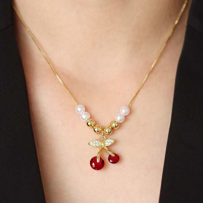 Wholesale Cherry Fruit with Color Zirconium Earrings Necklace Combination suit Copper Beads with Pearl