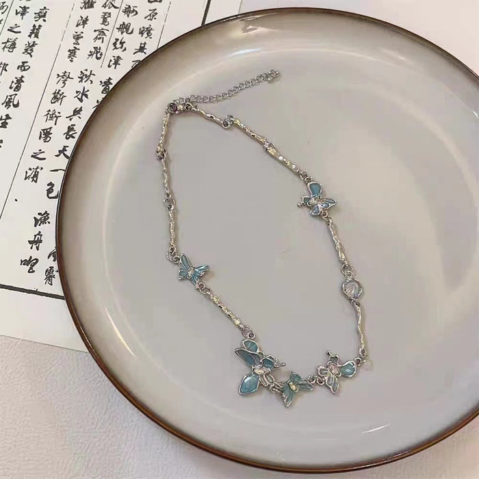 Wholesale Blue Butterfly Moonstone Splicing Necklace Neck Chain Feel Clavicle Chain Light Luxury Niche Neck Chain Accessories