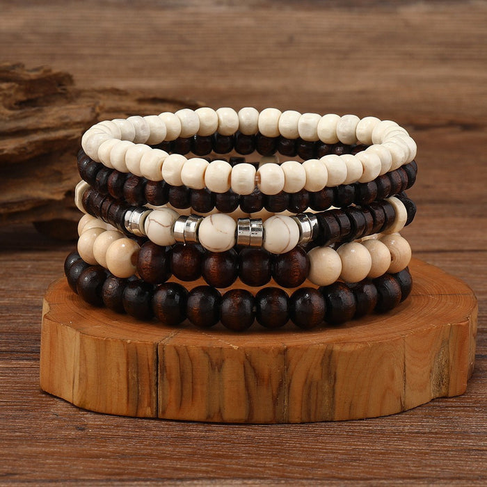 Wholesale New Retro Style Wooden Beads Turquoise Alloy Accessories Mixed Bracelets Men's Beaded Bracelet Set JDC-BT-XH005