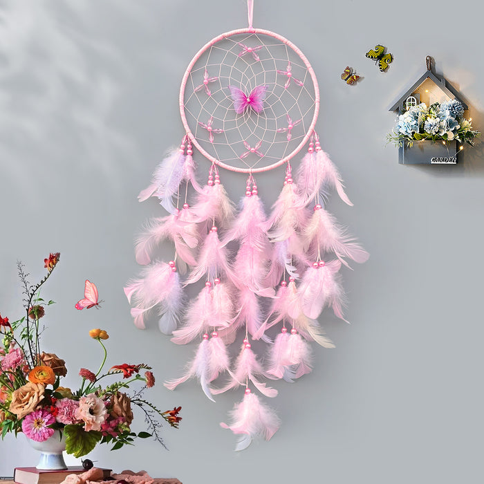Wholesale Handmade Dreamcatcher Wind Chime Pink Butterfly Flower Rooster Feather Home Decor MOQ≥2