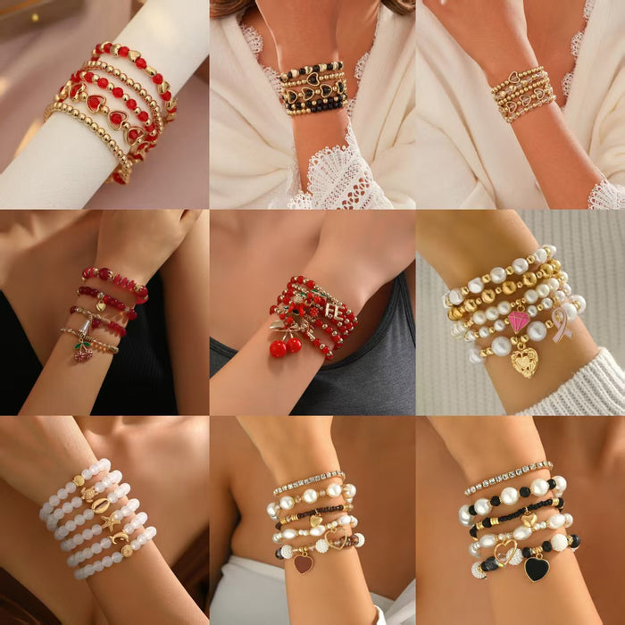 Wholesale Beaded Bracelet Set 5-Piece Heart Design Stackable Bracelets