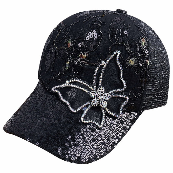 Wholesale Sparkling duckbill cap, fashionable rhinestone butterfly baseball cap