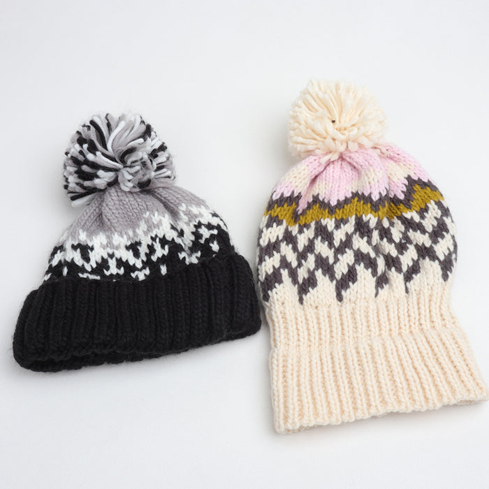 Wholesale Color blocked Geometric Diamond Jacquard Beanie with Colorful Turn-up Thickened Warm Knitted Hat