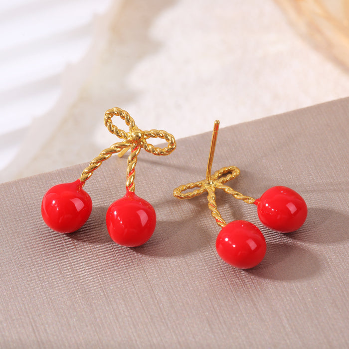 Wholesale Oil Drop Cherry Bow Earrings Cute Heart Elegant Personalized Design Earrings