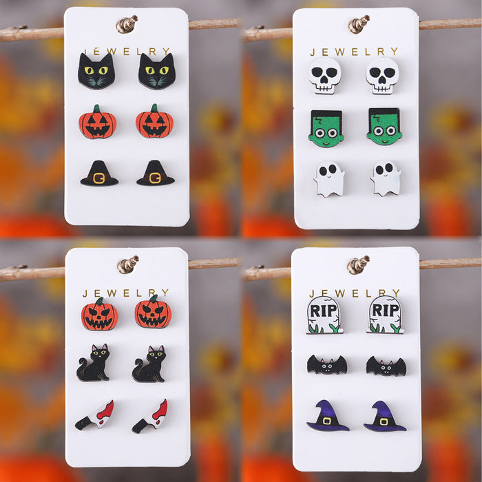 Wholesale  Bat Pumpkin Black Cat Skull Ghost Earring Set Wooden Party Earring Gift