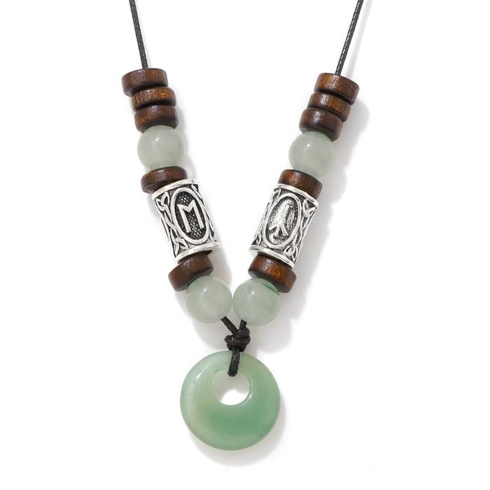 Wholesale Viking symbol necklace with stone pendant safety clasp and wooden beads