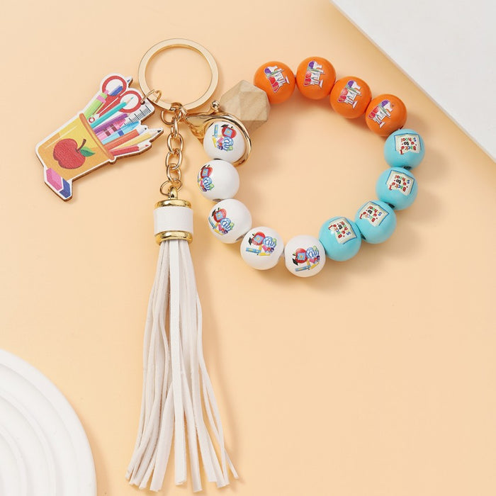 Wholesale Acrylic Colorful Beaded Bracelet Tassel Apple Wood Keychain JDC-KC-RongRui050