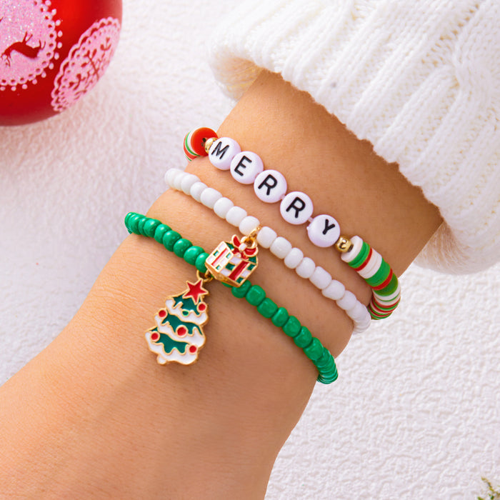 Wholesale Christmas colorful gift bracelet for women Christmas tree gift box letter polymer clay elastic beaded stacking bracelet