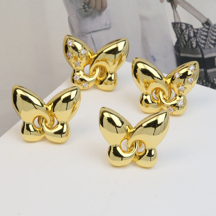 Wholesale   brass zircon earrings 18K gold  butterfly earrings