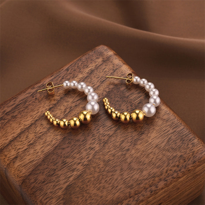 Wholesale Gold and White Round Ball Circle Titanium Steel Beaded Earrings JDC-ES-QuanX001