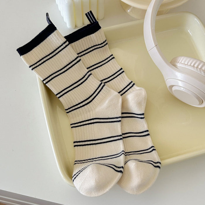 Wholesale Mid length socks, pure cotton pile socks, contrasting stripes, sweat absorbing socks