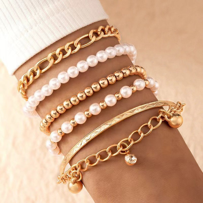 Wholesale Pearl bead multi-layer bracelet, rice bead studded diamond chain, five layer bracelet set