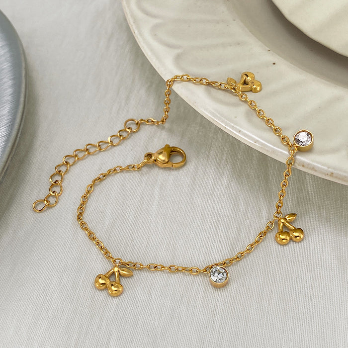 Wholesale All-match Design Sense Stainless Steel Cherry Bracelet Diamond-encrusted