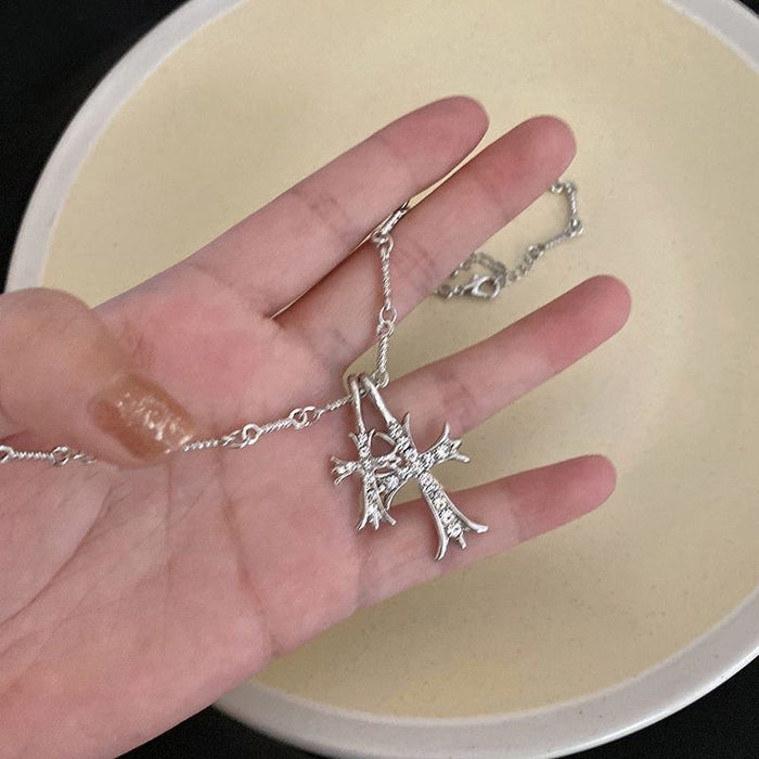 Wholesale Double cross necklace for men and women,  vintage diamond pendant,  clavicle chain