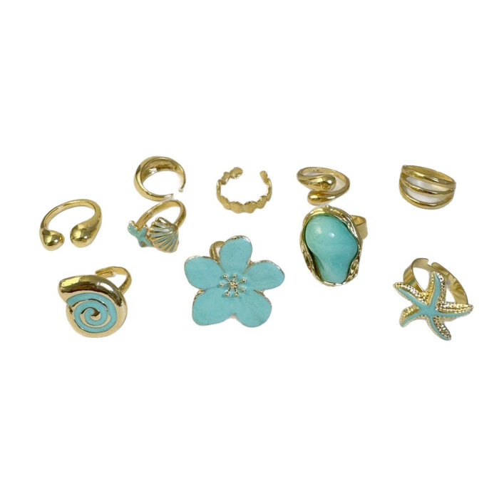 Wholesale Ocean Bohemian Ring Set with Pearl and Starfish Design Dripping Oil Finish Fashion Accessory MOQ≥5