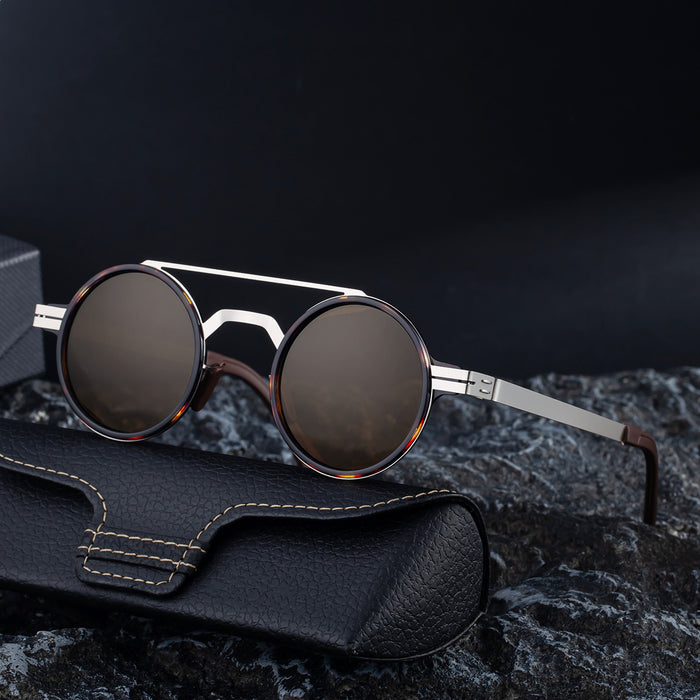 Wholesale New Fashion Round Frame Polarized Sunglasses for Men, Retro Stainless Steel Frame Double Beam Sunglasses for Men