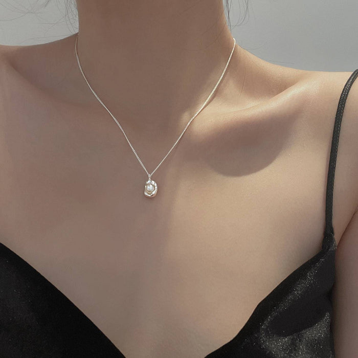 Wholesale  s925 Sterling Silver Pearl Geometric Necklace Women's Simple Design Niche Clavicle Chain