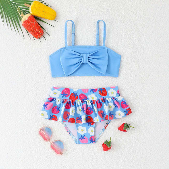 Wholesale New girls' two-piece swimsuit with bow tie suspender skirt style