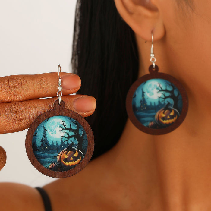 Wholesale Wooden Round Drop Earrings Castle Pumpkin Ghost Wizard Halloween Earrings