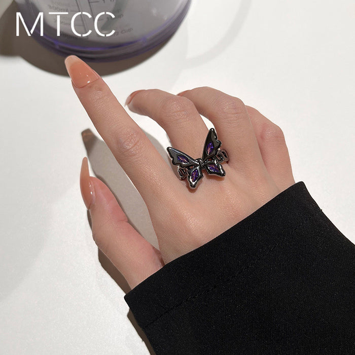 Wholesale Purple diamond black butterfly ring with unique and niche design, light luxury, open mouth, index finger, female