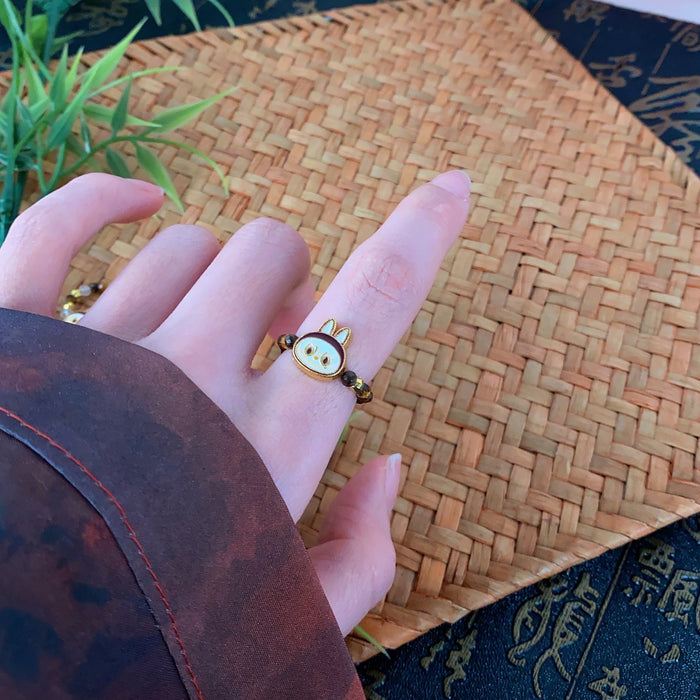 Wholesale Brown beaded ring retro niche tiger eye stone elastic rope ring cute unique ring