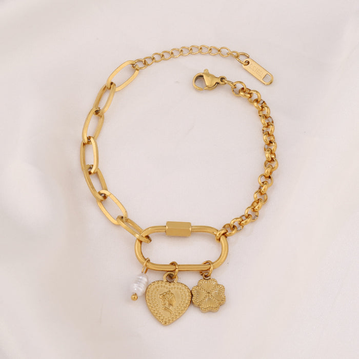 Wholesale Gold-Plated Stainless Steel Multi-Element Heart-Shaped Cross Screw Clasp Bracelet