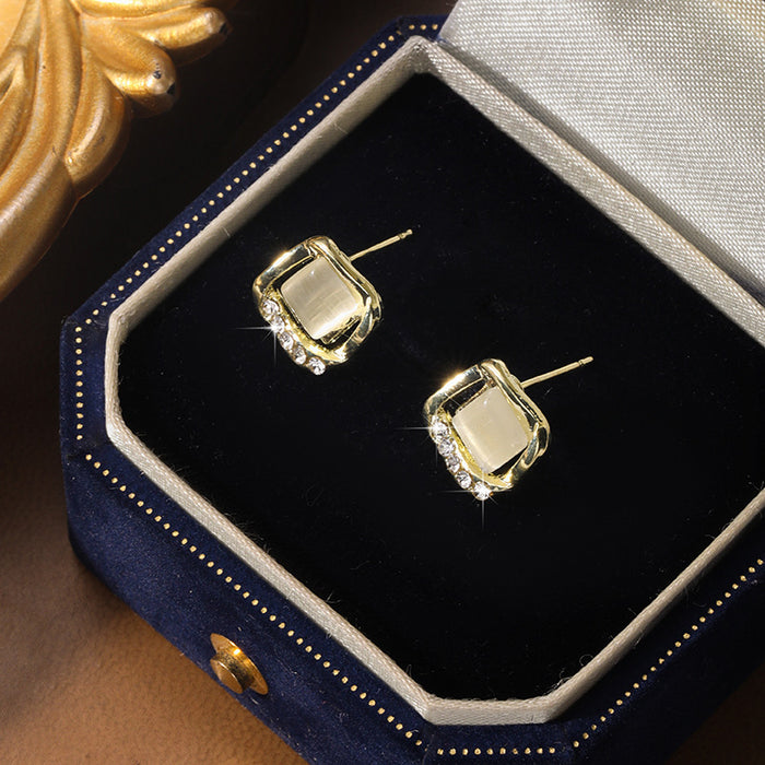 Wholesale S925 silver needle Korean square cat's eye stone inlaid with zirconium