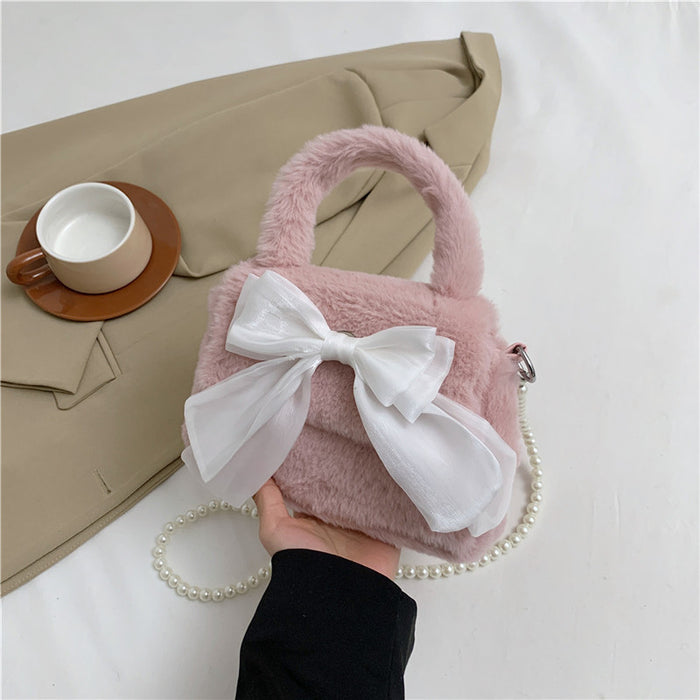 Wholesale Cute Bow New Plush Bag Commuting Plush Plush Pearl Handheld Single Shoulder Crossbody Bag