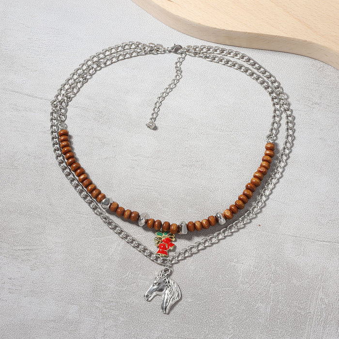 Wholesale Metal Chain Double-layer Stacked Horse Head Bell Pendant Women's Necklace