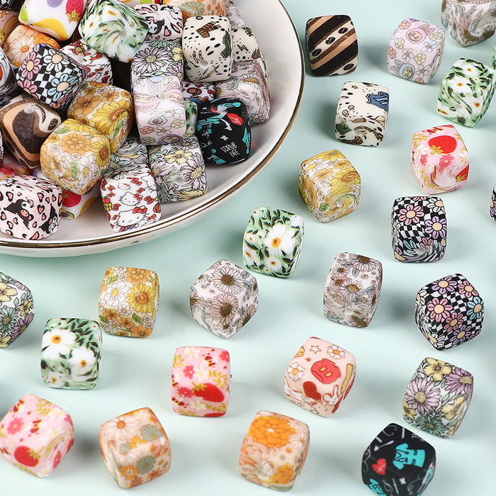 Wholesale Random 100pcs Watermark cube silicone beads jewelry beaded bracelet accessories square printed silicone beads