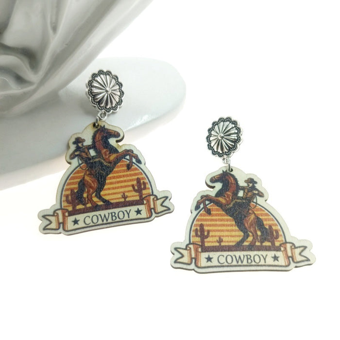 Wholesale Western Cowboy Style Wooden Printed Earrings JDC-ES-Yinxue003