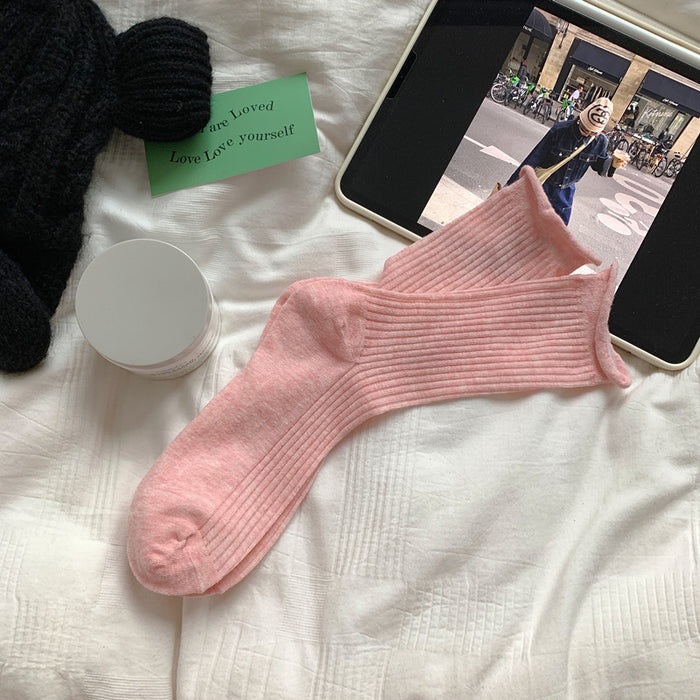 Wholesale Curled edge socks, mid length socks, new cotton socks, thin mesh breathable stacking long socks