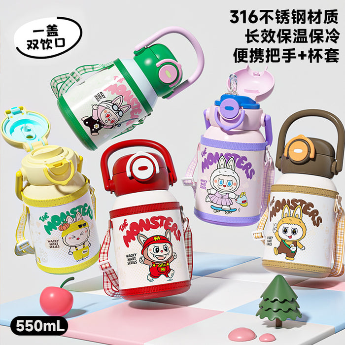 Wholesale New 316 Stainless Steel Cartoon Children' s Thermos Cup with Double Drinking Straw,  Cute Student Portable Cup with Handle