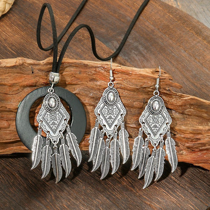 Wholesale Ethnic Geometric Antique Silver Alloy Earring Necklace Set - 4 Styles MOQ≥2