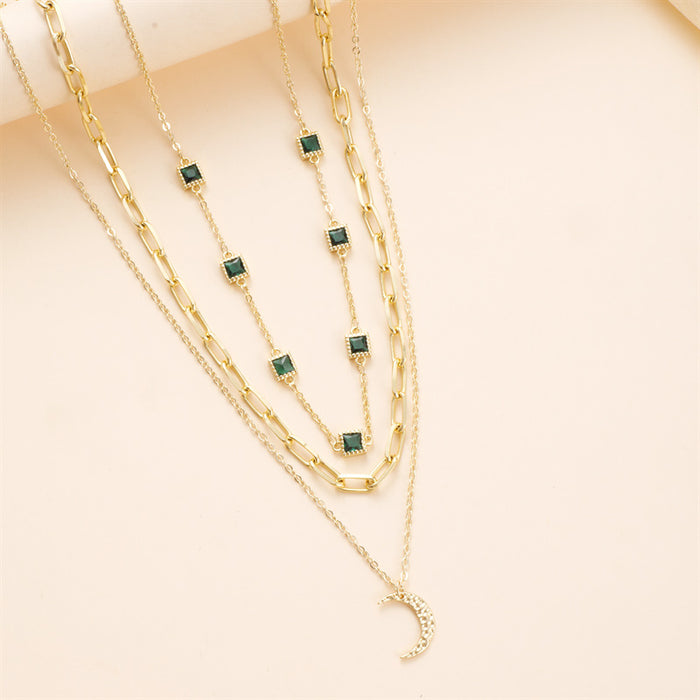 Wholesale Zircon triple layered necklace, personalized temperament, fashionable copper plated pendant necklace