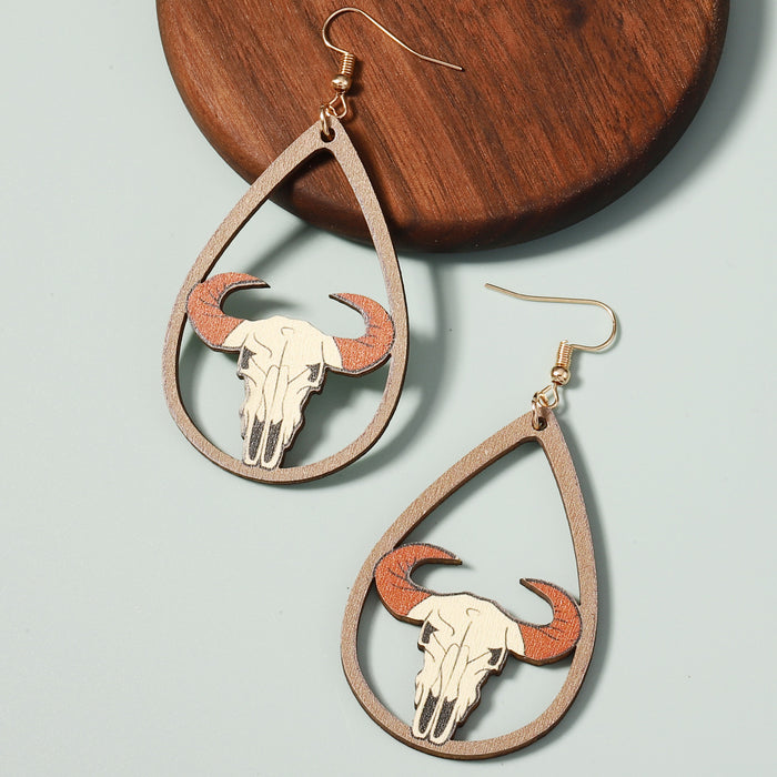 Wholesale cartoon Western Denim style cow head wooden painted earrings earrings