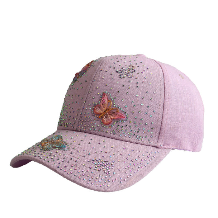 Wholesale Butterfly-studded rhinestone linen baseball cap for outdoor use