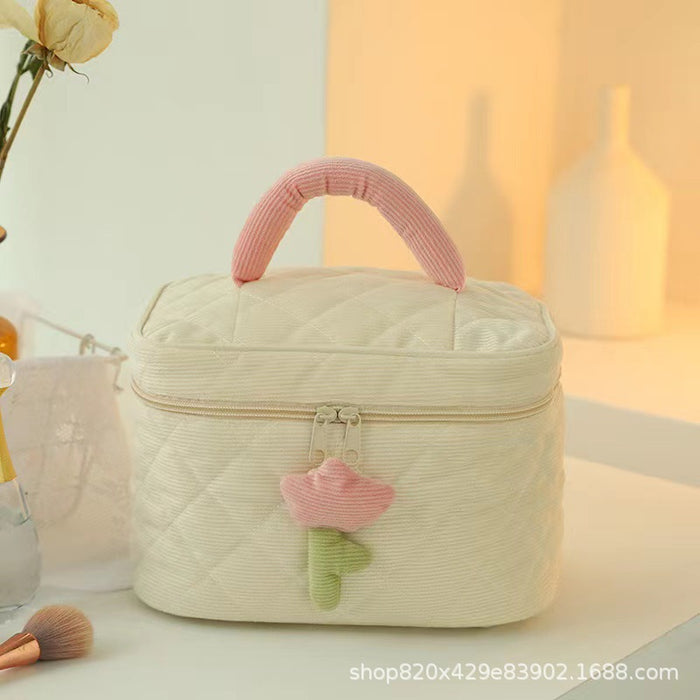 Wholesale Makeup bag with corduroy flowers, portable and large capacity for outdoor use
