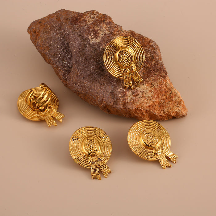 Wholesale Stainless steel straw hat earrings, personalized retro texture earrings, ring matching wholesale