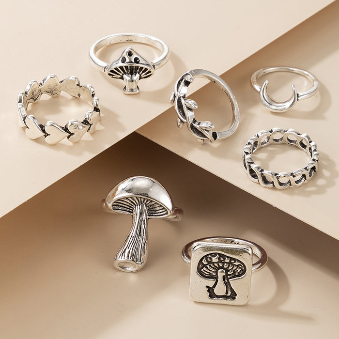 Wholesale Mushroom Love Moon Leaf Alloy Ring 7-piece Set JDC-RS-YongG004