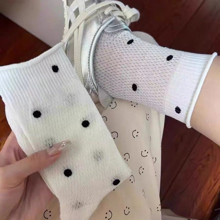 Wholesale Socks, thin, mid length, new mesh breathable, polka dot, rolled edge, stacked socks