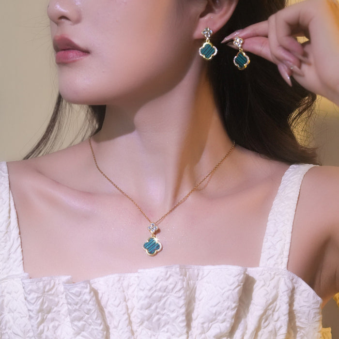 Wholesale Micro inlaid lucky grass necklace earring set, light luxury, personalized temperament, earrings and accessories combination
